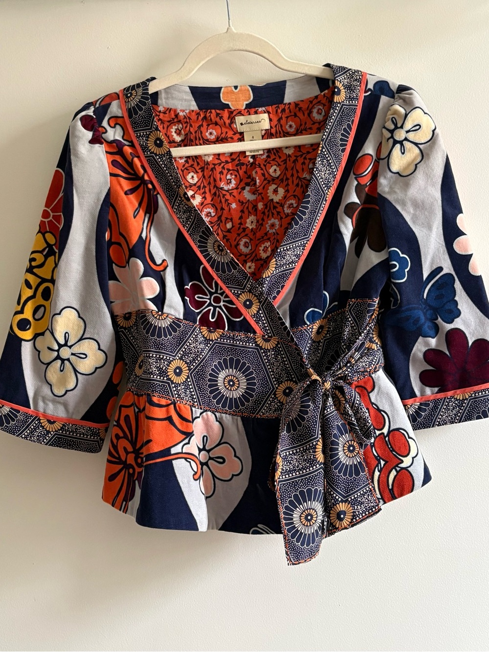 Anthropologie Elevenses Floral Wrap Peplum Jacket Tie Waist Lined Size 4